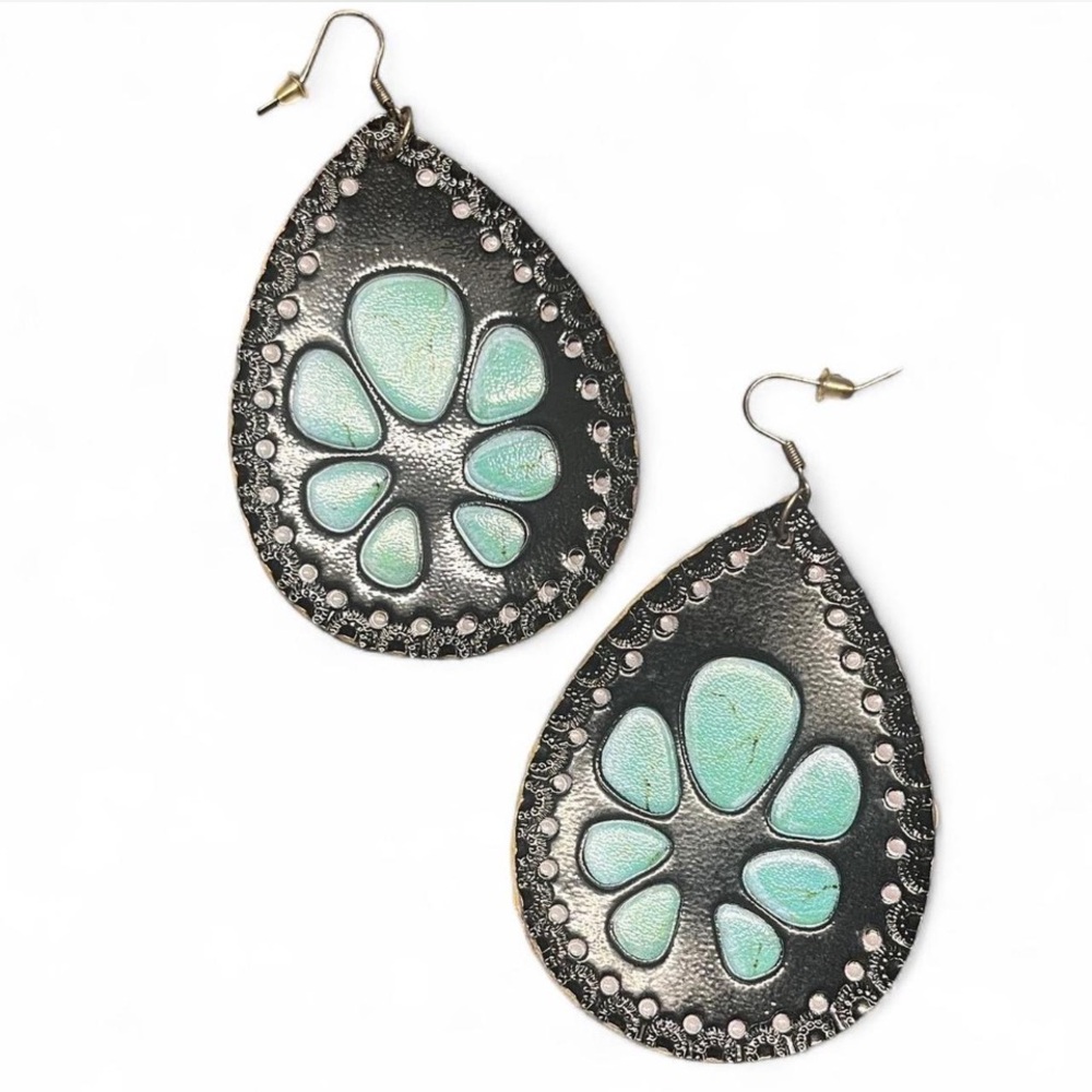 Turquoise Stamped Leather Earrings
